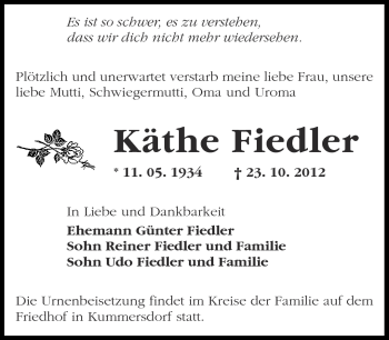 Traueranzeige von Käthe Fiedler von Märkische Oderzeitung