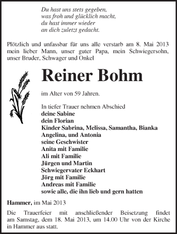 Traueranzeige von Reiner Bohm von Märkische Oderzeitung