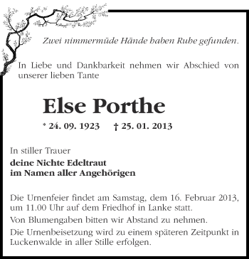 Traueranzeige von Else Porthe von Märkische Oderzeitung