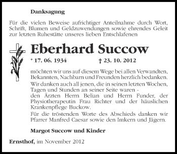 Traueranzeige von Eberhard Succow von Märkische Oderzeitung