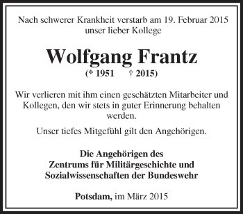 Traueranzeige von Wolfgang Frantz von Märkische Oderzeitung