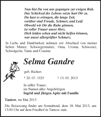 Traueranzeige von Selma Gandre von Märkische Oderzeitung