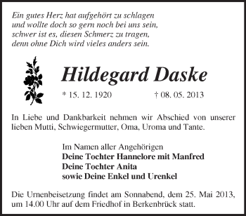 Traueranzeige von Hildegard Daske von Märkische Oderzeitung