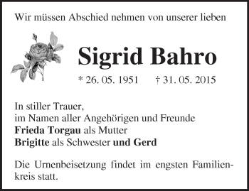 Traueranzeige von Sigrid Bahro von Märkische Oderzeitung