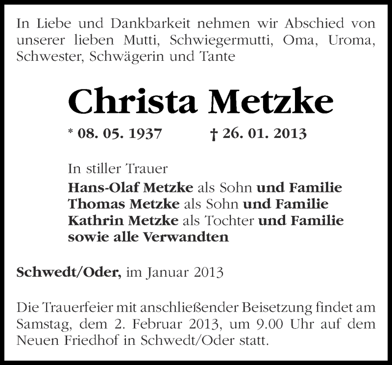  Traueranzeige für Christa Metzke vom 30.01.2013 aus Märkische Oderzeitung