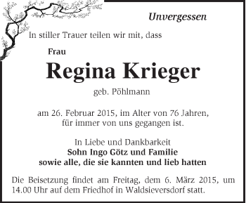 Traueranzeige von Regina Krieger von Märkische Oderzeitung