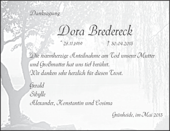 Traueranzeige von Dora Bredereck von Märkische Oderzeitung