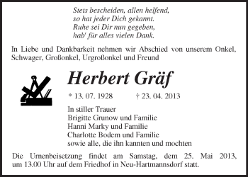 Traueranzeige von Herbert Gräf von Märkische Oderzeitung