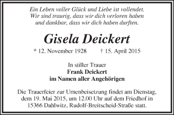 Traueranzeige von Gisela Deickert von Märkische Oderzeitung