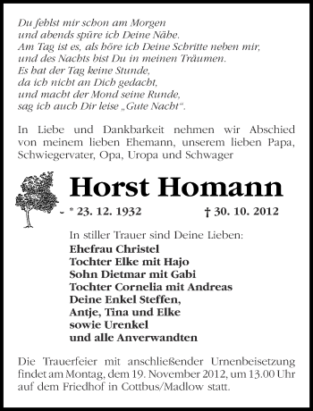 Traueranzeige von Horst Homann von Märkische Oderzeitung