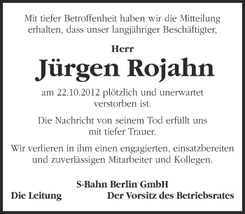 Traueranzeige von Jürgen Rojahn von Märkische Oderzeitung