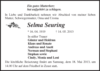 Traueranzeige von Selma Seuring von Märkische Oderzeitung