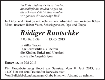 Traueranzeige von Rüdiger Runtschke von Märkische Oderzeitung