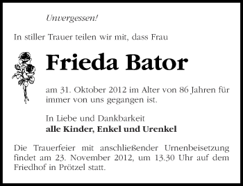 Traueranzeige von Frieda Bator von Märkische Oderzeitung