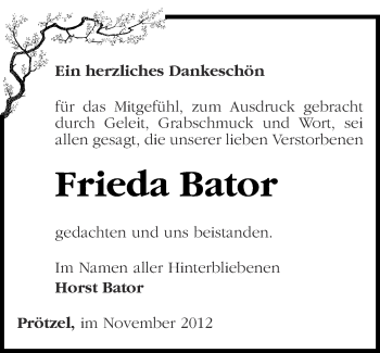 Traueranzeige von Frieda Bator von Märkische Oderzeitung