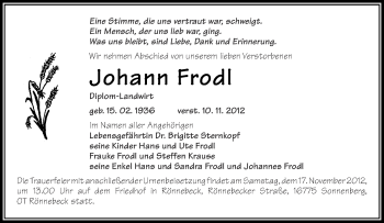 Traueranzeige von Johann Frodl von Märkische Oderzeitung