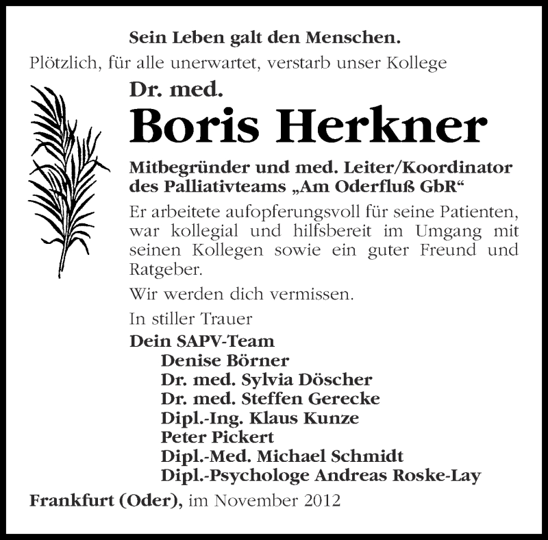  Traueranzeige für Boris Herkner vom 15.11.2012 aus Märkische Oderzeitung