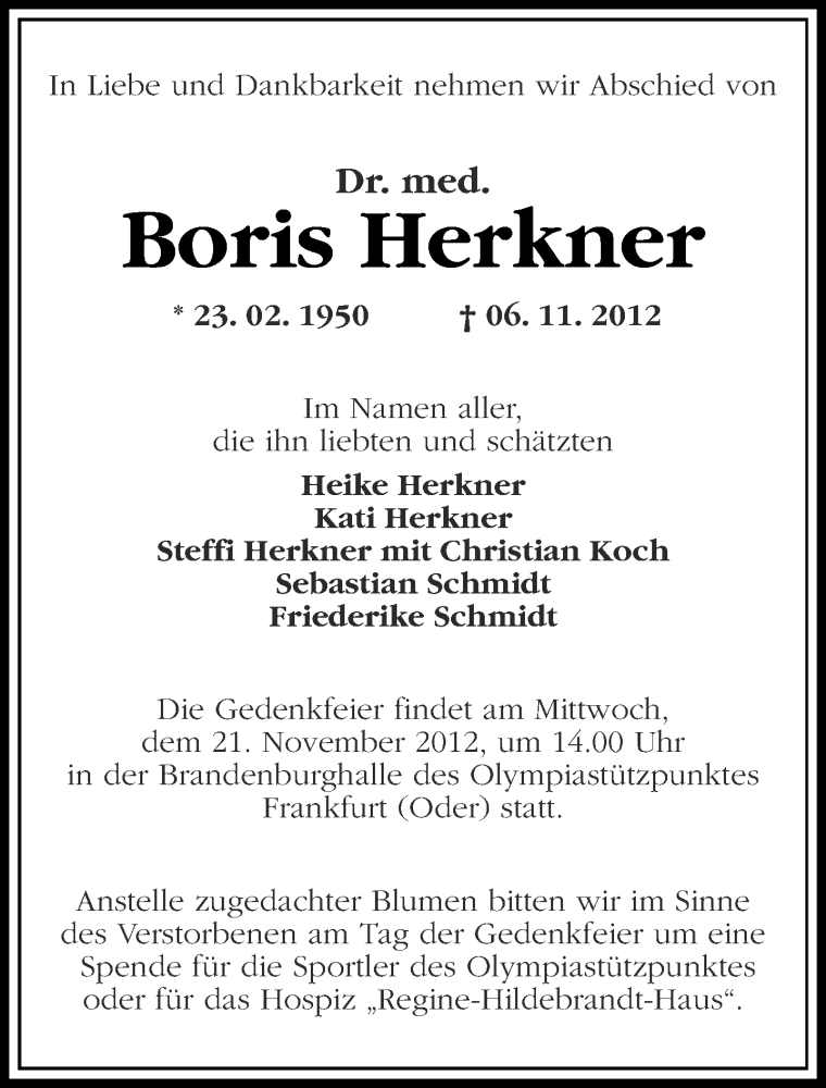  Traueranzeige für Boris Herkner vom 14.11.2012 aus Märkische Oderzeitung