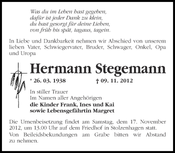 Traueranzeige von Hermann Stegemann von Märkische Oderzeitung