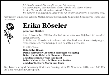 Traueranzeige von Erika Röseler von Märkische Oderzeitung