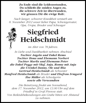 Traueranzeige von Siegfried Heidschmidt von Märkische Oderzeitung