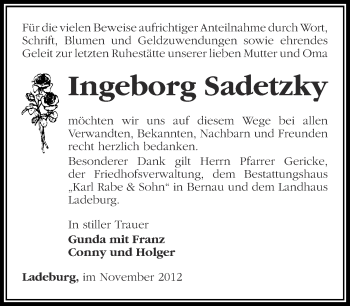 Traueranzeige von Ingeborg Sadetzky von Märkische Oderzeitung