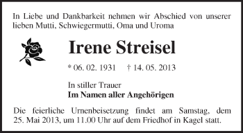 Traueranzeige von Irene Streisel von Märkische Oderzeitung