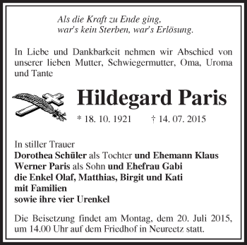 Traueranzeige von Hildegard Paris von Märkische Oderzeitung