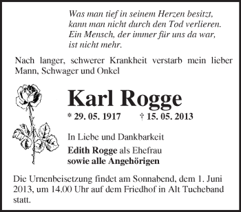 Traueranzeige von Karl Rogge von Märkische Oderzeitung