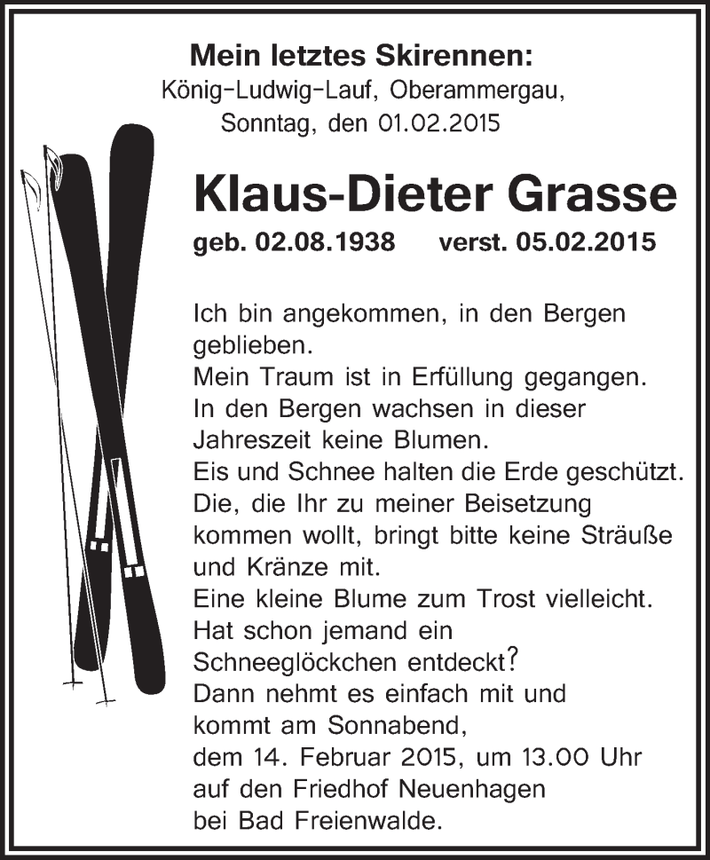  Traueranzeige für Klaus-Dieter Grasse vom 12.02.2015 aus Märkische Oderzeitung