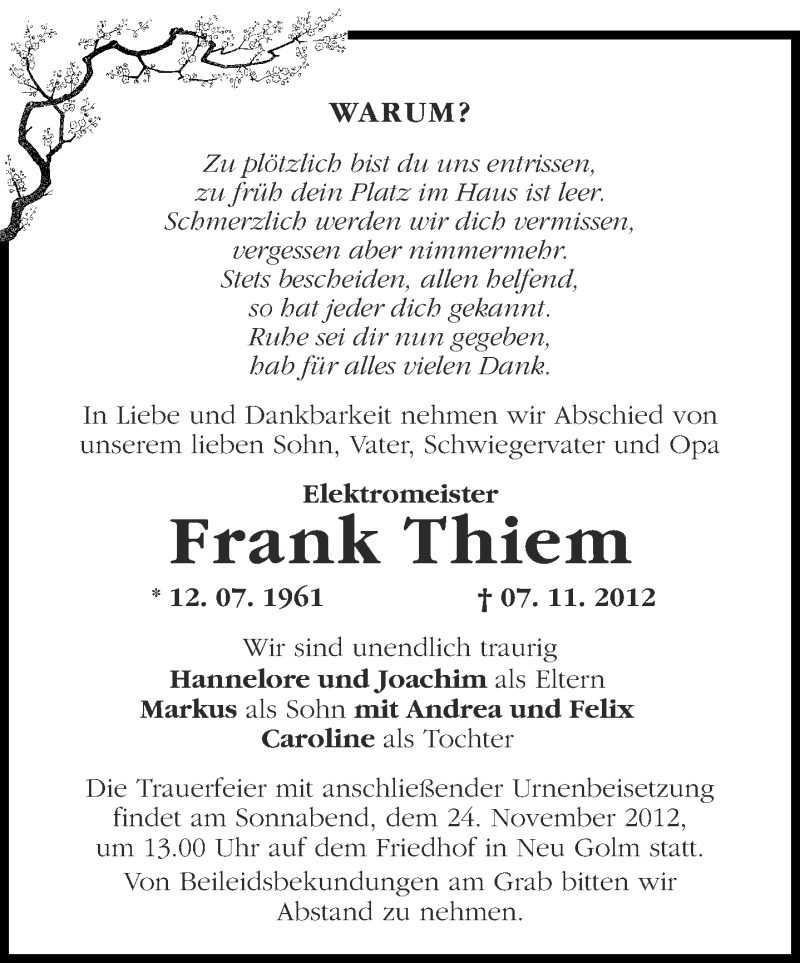  Traueranzeige für Frank Thiem vom 17.11.2012 aus Märkische Oderzeitung