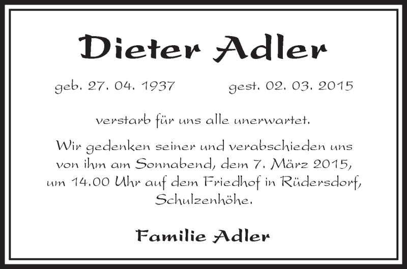  Traueranzeige für Dieter Adler vom 05.03.2015 aus Märkische Oderzeitung