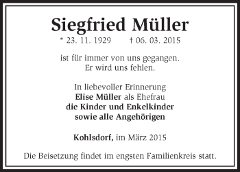 Traueranzeige von Siegfried Müller von Märkische Oderzeitung