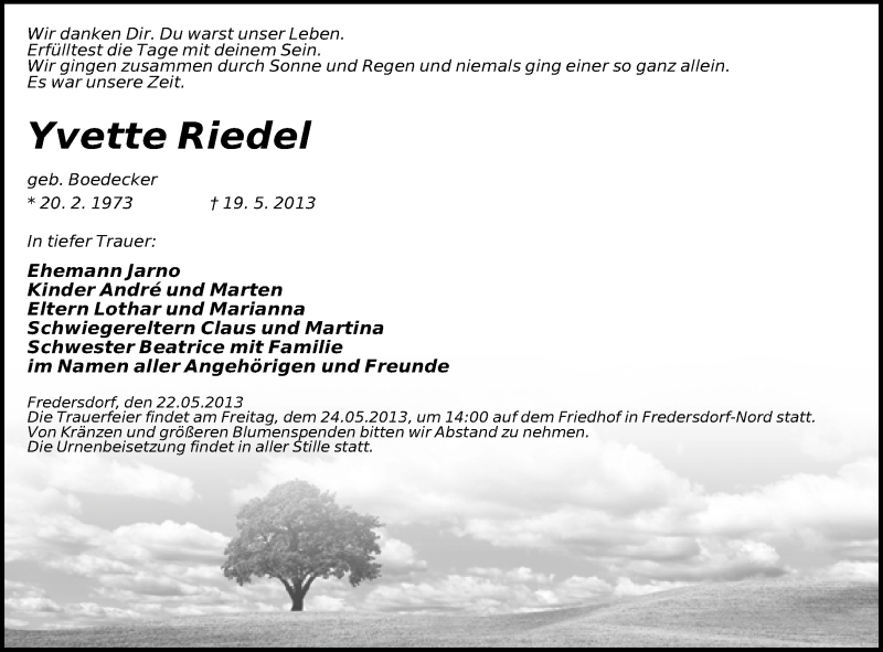  Traueranzeige für Yvette Riedel vom 22.05.2013 aus Märkische Oderzeitung