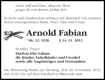 Traueranzeige von Arnold Fabian von Märkische Oderzeitung