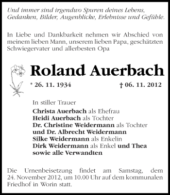 Traueranzeige von Roland Auerbach von Märkische Oderzeitung