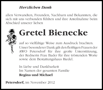 Traueranzeige von Gretel Bienecke von Märkische Oderzeitung