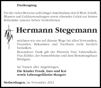 Traueranzeige von Hermann Stegemann von Märkische Oderzeitung