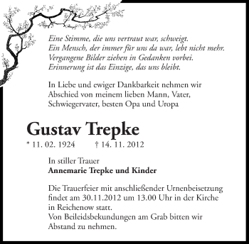 Traueranzeige von Gustav Trepke von Märkische Oderzeitung