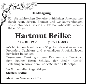 Traueranzeige von Hartmut Brilke von Märkische Oderzeitung