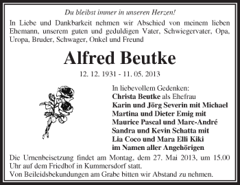 Traueranzeige von Alfred Beutke von Märkische Oderzeitung