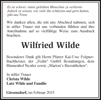 Traueranzeige von Wilfried Wilde von Märkische Oderzeitung