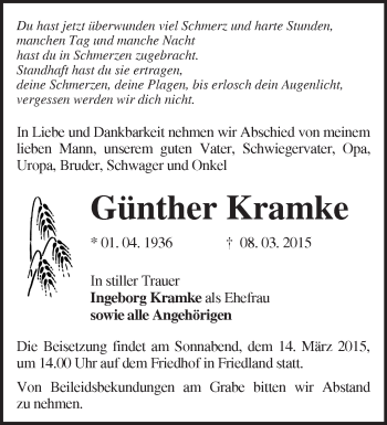 Traueranzeige von Günther Kramke von Märkische Oderzeitung