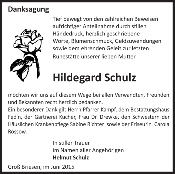 Traueranzeige von Hildegard Schulz von Märkische Oderzeitung