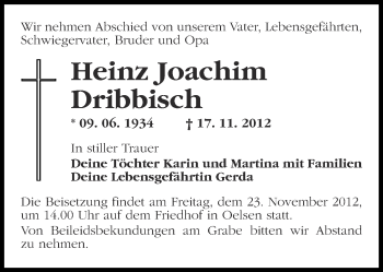 Traueranzeige von Heinz Joachim Dribbisch von Märkische Oderzeitung