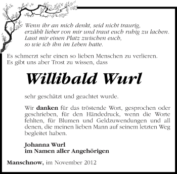 Traueranzeige von Willibald Wurl von Märkische Oderzeitung