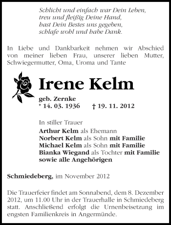 Traueranzeige von Irene Kelm von Märkische Oderzeitung