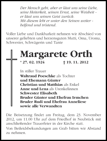 Traueranzeige von Margarete Orth von Märkische Oderzeitung