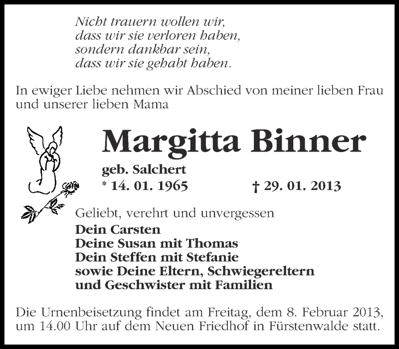  Traueranzeige für Margitta Binner vom 02.02.2013 aus Märkische Oderzeitung