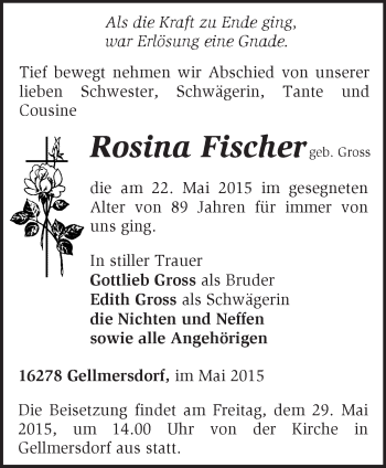 Traueranzeige von Rosina Fischer von Märkische Oderzeitung